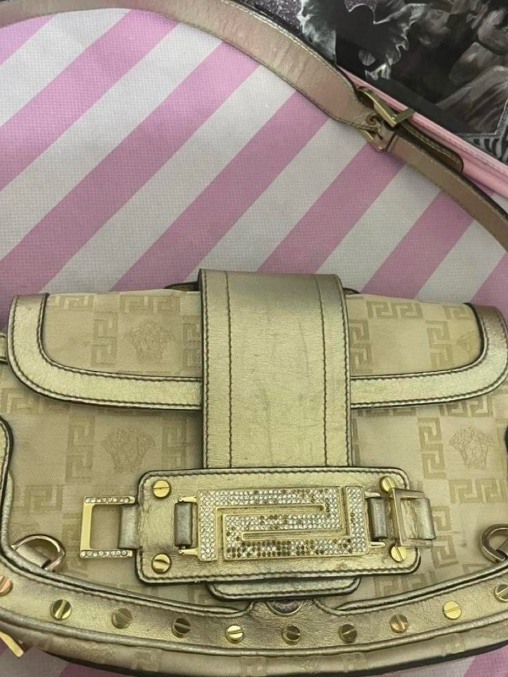 Versace Gold Metallic Shoulder Bag with Embossed Medusa Pattern